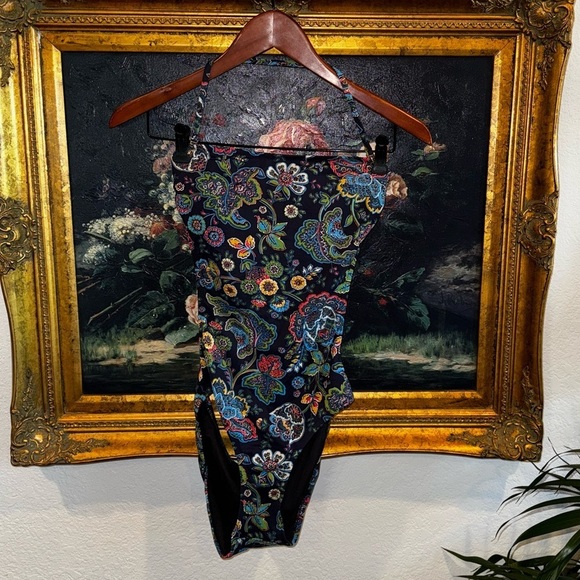 J. Crew Black Multi-Color Floral Print Halter Cut Out Sides and Back One Piece 2 - Picture 1 of 7